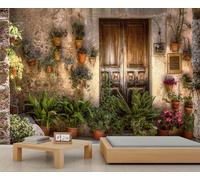 FACADUP Italy Old City Town Murals, Retro Medieval Architecture Wallpaper Wooden Door Wall Murals for Bedroom Living Room 500x350cm Adhesive Large Wallpaper Stickers (Not Self-Adhesive)