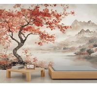 FACADUP Japanese Murals Autumn Red Maple Leaf Tree Wall Mural Wallpaper Lake Mountain Wallpaper for Bedroom Living Room 500x300cm Home TV Sofa Background Wall Decor (Not Self-Adhesive)