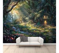 FACADUP Magical Forest Murals, Wonderland Jungle Tree House Wall Murals Green Forest Wallpaper for Bedroom Living Room 300x210cm Artwork Background Wall Stickers (Not Self-Adhesive)