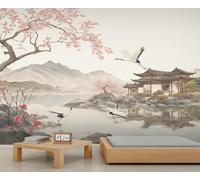 FACADUP Mountain Murals Chinese Courtyard Temple Wall Mural Wallpaper Nature Lake Bird Wallpaper for Living Room Bedroom 500x300cm Home TV Sofa Background Wall Decor (Not Self-Adhesive)