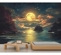 FACADUP Ocean Murals, Midnight Full Moon Wall Murals, Night Coastal View Wallpaper for Living Room Bedroom Decor 300x240cm Nature Ocean Scenic Decorative (Not Self-Adhesive)