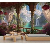 FACADUP Terrace Garden Seascape Wall Murals Coast Waterfall Murals Europe Arch Wallpaper for Bedroom Office 99" x 66" Artwork Background Wall Stickers (Not Self-Adhesive)