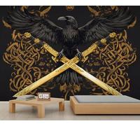 FACADUP Viking Raven Murals Norse Mythology Wall Mural Vintage Black Gold Wallpaper for Living Room Bedroom 350x256cm Adhesive Large Wallpaper Stickers (Not Self-Adhesive)