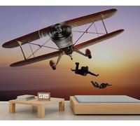 FACADUP Vintage Aircraft Murals Old Biplane Airplane Airman Parachuting Wallpaper for Living Room Bedroom 300x240cm Home TV Sofa Background Wall Decor (Not Self-Adhesive)