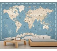 FACADUP Vintage World Map Murals, Ocean Coastal Geography Wall Murals, Map Posters Wallpaper for Living Room Bedroom 100x70cm Artwork Background Wall Stickers (Not Self-Adhesive)