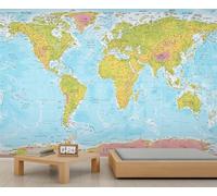 FACADUP World Map Murals, Most Accurate World Map Wall Mural Wallpaper, Earth Geography Landmark Wallpaper for Bedroom Living Room 250x175cm Artwork Background Wall Stickers (Not Self-Adhesive)