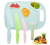 FACATH 3 Piece Kids Plastic Knife Set, Toddler Safe Nylon Kitchen Cooking Knives with Cutting Board & Peeler, Serrated Edges Lettuce Knife for Fruit, Bread, Cake, Salad