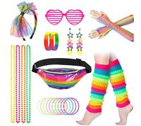 FACATH 80s Fancy Dress Costumes Accessories, 1980s Fancy Style Neon Dresses Party Sets & Kits for Women (Rainbow-8 Pcs)