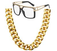 FACATH 90s Hip Hop Costume Kit- 80s Big Chunky Plastic Hip Hop Gold Chain, Vintage Hippie Transparent Sunglasses for Rapper Costume Accessories