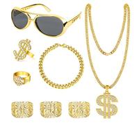 FACATH Hip Hop Costume Accessories kit, 80s 90s Accessories Outfit for Men Rapper Sunglasses Faux Gold Rope Chain Bracelet Dollar Sign Chain Ring Kanji Ring Halloween Party Decorations