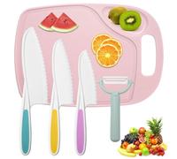 FACATH Kids Plastic Knife Set, Toddler Safe Nylon Kitchen Cooking Knives with Cutting Board & Peeler, Serrated Edges Lettuce Knife for Fruit, Bread, Cake, Salad