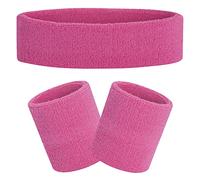 FACATH Sweatband Set Pink Sports Headband Wristband Set Sweatbands Terry Cloth Wristband Athletic Exercise Basketball Wrist Band Headbands Moisture Wicking Sweat Absorbing Cotton Stripped Sweat Band