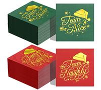 Faccito 100 Pcs Christmas Team Naughty Nice Paper Napkin Disposable Nativity Gold Foil Santa Hat Napkin Red Green Guest Cocktail Paper for Xmas New Year Holiday Party Decor (10 x 10 Inch)