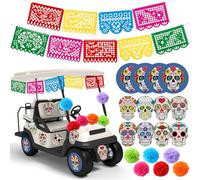 Faccito 19 Pcs Dia De Los Muertos Golf Cart Decorations 9.8ft Plastic Papel Picado Fiesta Banner Golf Cart Stickers for Day of Dead Parade