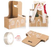 Faccito 24 Set Christmas Teacher Student Gift Cup Drink Carrier with Handle 2 Cup Gingerbread House Kraft Coffee Drink Carrier with Greeting Card and Ribbon Christmas Classroom Gift