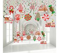 Faccito 30 Pcs Christmas Hanging Swirl Decoration Candy Theme Hanging Decorations Christmas Swirls Streamers Gingerbread House for Indoor Outdoor Xmas Winter Holiday Party Supplies