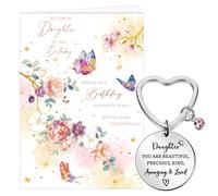 Faccito Daughter Birthday Card with Heart Shape Keychain and Envelope, Daughter Birthday Gift from Mum Dad, Flower Greeting Card for Her, Stainless Steel Keyring with Lovely Words