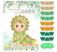 Faccito Dinosaur Baby Shower Party Games Pin The Pacifier Games Set Include Sage Green Dino Poster Blindfold 24 Pacifier Stickers for Jungle Dinosaur Birthday Party Baby Shower Activities Decorations