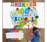 Faccito Happy 100th Day of School Coloring Poster 100 Days of School Jumbo Coloring Tablecloth Banner with 24 Colored Pens Classroom 50.4" x 31.5" Painting Page for Birthday Party Supplies Craft