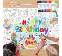 Faccito Happy Birthday Coloring Poster with 24 Dual Tip Watercolor Markers for Birthday Coloring Tablecloth 43 x 32 Inch DIY Drawing Paper Table Cover for Craft Activities Party Favors Supplies