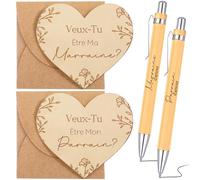Faccito Pack of 6 Godfather Request Gift Heart Shaped Card with Envelope Wooden Ballpoint Pen for Christening, Confirmation, Pregnancy Proclamation