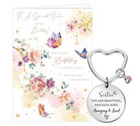 Faccito Sister Birthday Card with Keyring Birthday Card for Sisters with Beautiful Butterfly Pattern Design, with Envelope and Pink Velvet Bag, Thoughtful Gift from One Sister to Another