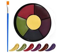 Face and Body Paint Wheel, 6 Blendable Cream Colours with Flat Brush | Yellow, olive green, red, purple, dark brown and deep blue-grey shades, compact layout for cosplay, stage and costume events