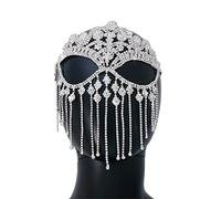 Face Chain Full Face Masquerade Tassel Boho Rhinestone Face Jewelry Mask Chain for Halloween Cosplay Party(Silver)