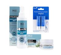 Face Facts Hyaluronic Skincare Set - Vegan Kit with Aloe Vera Night Cream 50ml, Hyaluronic Face & Body Mist 200ml, and Pretty Blueberry Lip Balm - Ideal for Dry Skin & Daily Hydration
