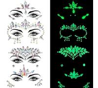 Face Jewels Stickers for Kids Adult, Glow In Dark Mermaid Face Gems Face Glitter Tattoos Diamond Eyes Body Paint Face Stickers For Black Light Neon Uv Party Festival Rave Concert Accessories Makeup