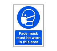 Face mask must be worn in this area - safety sign, ppe clothing, ppe, protective clothing - 1.2mm Rigid plastic for indoor/outdoor usage (150mm x 100mm) Viewing Distance within 3m.