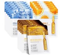 Face Mask Set 15 Pack,3 Types Face Masks,Vitamin C,24K Gold and Hyaluronic Acid,Anti-Wrinkle Real Deep Hydration,Anti-Ageing Sheet Mask Skincare Gift Set for Women