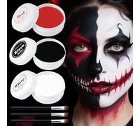 Face Paint, Black, White, Red, 3 Pieces, 50 g, with 3 Brushes, Halloween Make Up Set, for Theatre Make-Up, Halloween, Carnival Make-Up, Party Make-Up, Non-Toxic, Waterproof, Long-Lasting
