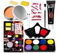 Face Paint Halloween Makeup Kit - White Black Red Face Paints Professional Kids Adults with Fake Blood, Scars, tattoos, 8 Color Body Painting Set For Zombie Vampire Skeleton Joker Clown Witch Cosplay
