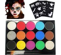 Face Paint Kit，15 Colours Face and Body Painting Palette, Washable Face Paints, Safe Body Paints for Adults, Children, Halloween Party Carnival, Makeup Paint Non-Toxic（2 Brushes 22 Stencils）