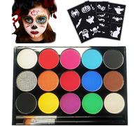 Face Paint Kit，15 Colours Face and Body Painting Palette, Washable Face Paints, Safe Body Paints for Adults, Children, Halloween Party Carnival, Makeup Paint Non-Toxic（2 Brushes 22 Stencils）