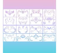 Face Paint Stencils Set, 16 Pieces, 20 x 12 cm, Reusable Templates for Kids, Animal and Fairy Patterns