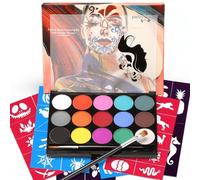 Face Painting Kit, 15 Colors Face Painting Palette with 2 Brushes 6 Colorful Stencil Stickers, Safe for Sensitive Skin, Suitable for Adults, Children, Halloween Party Carnival Use