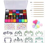 Face Painting Kit 42 Colors Face Body Paint With 8 Pcs Brushes Stencils Powder Puffs 2 Sheets Children's Gemstone Stickers Carnival Halloween Gifts(Powder Puff Color is Random)