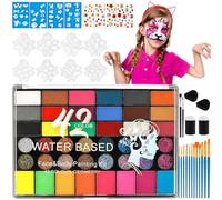 Face Painting Kit for Kids, 42 Colors Water Based Face Paint Palette with 8 Stencils, 14 Brushes, 4 Body Diamond Stickers Safe FacePaint Makeup Kit for Kids Party & Halloween Christmas Activities