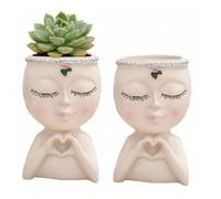 Face Planter Pot with Heart Hands, Unique Resin Head Planter for Indoor Plants, Cute S-ucculent Pots with Drainage Hole, Decorative Makeup Brush Holder for Vanity, for Women