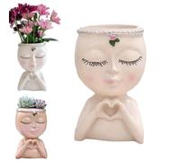 Face Planter Pot with Heart Hands, Unique Resin Head Planter for Indoor Plants, Cute Succulle-nt Pot with Drainage Hole,Decorative Makeup Brush Holder for Vanity,Gardening Gifts for Women Mom Teacher