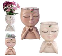 Face Planter Pot with Heart Hands, Unique Resin Head Planter for Indoor Plants, Cute Succulle-nt Pot with Drainage Hole,Decorative Makeup Brush Holder for Vanity,Gardening Gifts for Women Mom Teacher