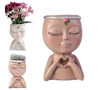 Face Planter Pot with Heart Hands, Unique Resin Head Planter for Indoor Plants, Cute Succulle-nt Pot with Drainage Hole,Decorative Makeup Brush Holder for Vanity,Gardening Gifts for Women Mom Teacher