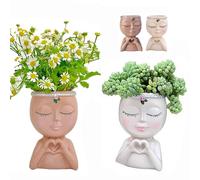 Face Planter, Resin Head Planter with Heart Hands, Cute Plant Pot for Indoor Plants, Drainage Hole, 4.7×3.1 Inch Home Decor, Gardening Gifts for Women Mom Teacher (Coffee) (Beige Coffee 2pcs)