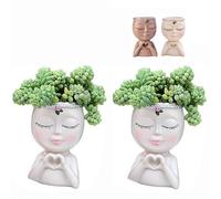 Face Planter, Resin Head Planter with Heart Hands, Cute Plant Pot for Indoor Plants, Drainage Hole, 4.7×3.1 Inch Home Decor, Gardening Gifts for Women Mom Teacher (Coffee) (Beige 2pcs)