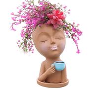 Face Planters Pots Head, Face Planter with Tray Lady Drinking Coffee Face Pots for Plants Waterproof Resin Cute Plant Pots Coffee Lady Pot Head Succulent Pots for Indoor Outdoor 4x7.8 In Brown
