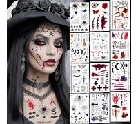 Face Tattoo Carnival, 12 Sheets Tattoo, Halloween, Horror Scars, Wounds, Spiders, Scary Tattoo, Face, Adults, Children, Fancy Dress Make-Up Accessories, Motifs, for Halloween, Carnival Party