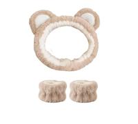 Face Wash Headband with Wrist Towels - Soft Coral Fleece Spa Makeup Headband, Cute Animal Elastic Skincare Design with Bear Ears (Khaki Color, Standard)
