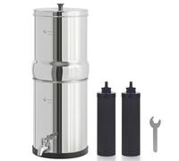 FACHIOO 1.5G Stainless Steel Gravity-Fed Water Filter System with 2 Black Purification Filter and Metal Spigot, NSF/ANSI 42 Certification, Reduces up to 99% of Chlorine, for Home, Camping, Outdoor